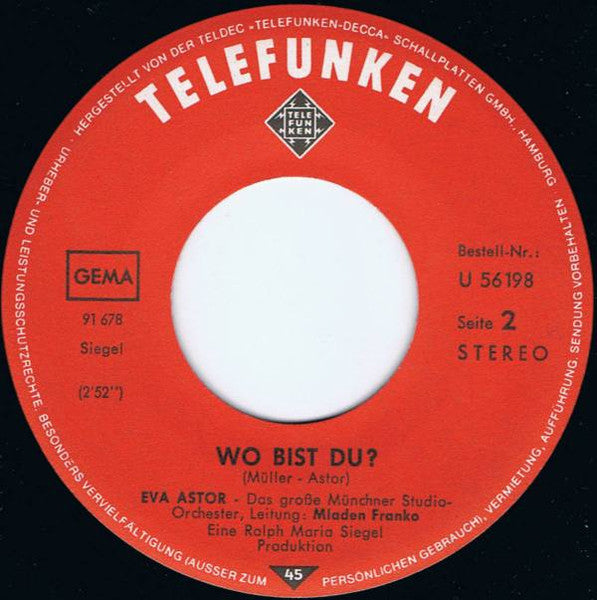 Eva Astor : Wo Ist Die Sonne (7", Single)