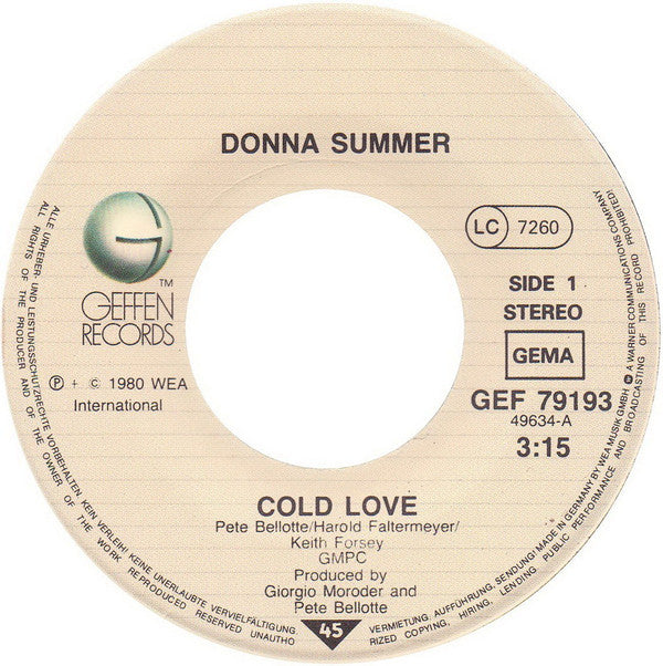 Donna Summer : Cold Love (7", Single)