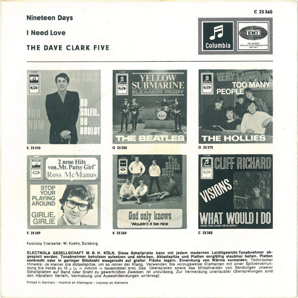 The Dave Clark Five : Nineteen Days / I Need Love (7", Single)