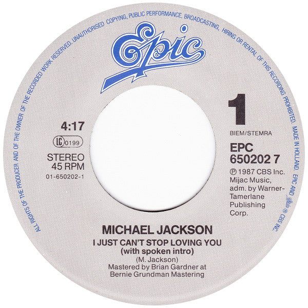 Michael Jackson : I Just Can't Stop Loving You (7", Single)