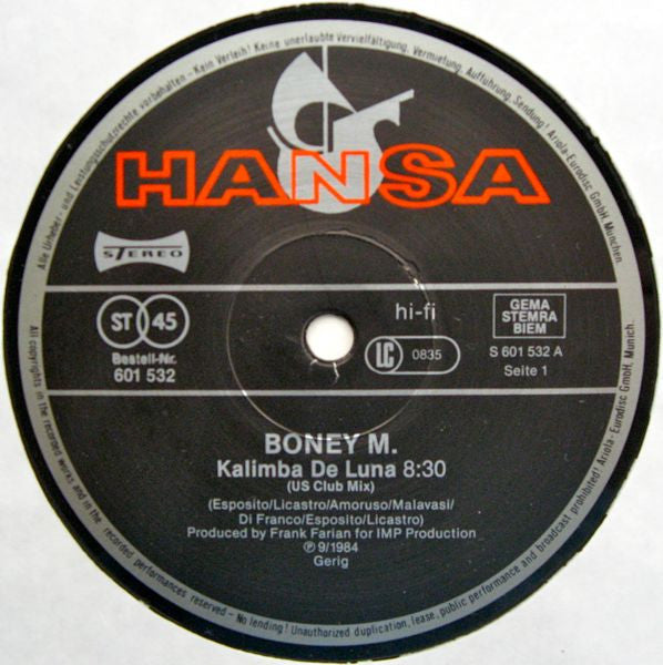 Boney M. : Kalimba De Luna (Special Extended U.S. Club Mix) (12", Maxi, Bla)