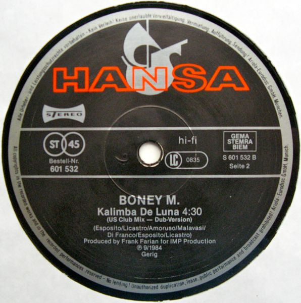 Boney M. : Kalimba De Luna (Special Extended U.S. Club Mix) (12", Maxi, Bla)