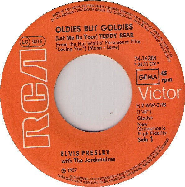 Elvis Presley With The Jordanaires : Teddy Bear / Loving You (7", Mono, RE)