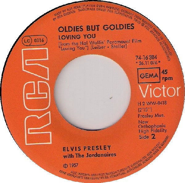 Elvis Presley With The Jordanaires : Teddy Bear / Loving You (7", Mono, RE)