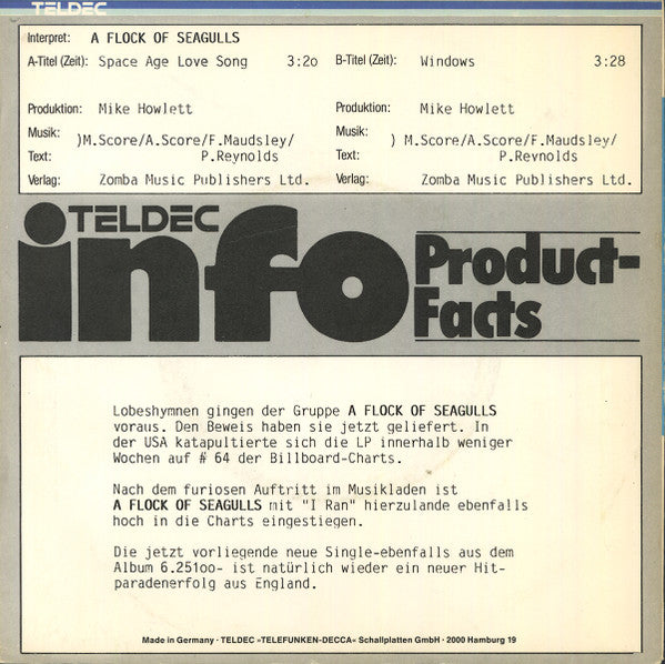 A Flock Of Seagulls : Space Age Love Song (7", Single, Promo)