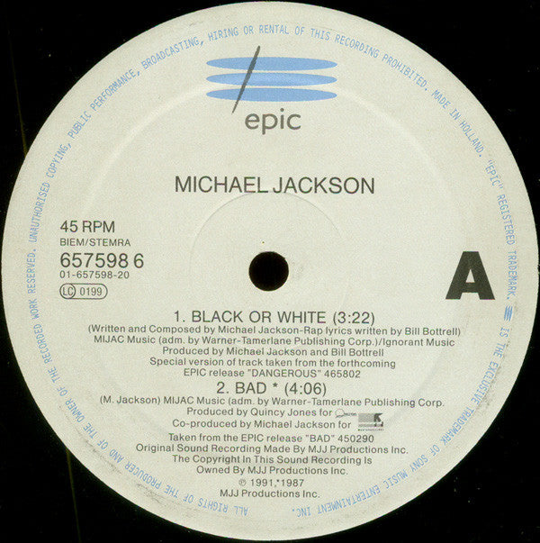 Michael Jackson : Black Or White (12")