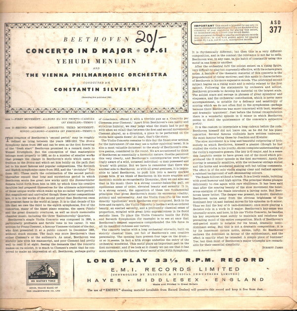 Beethoven* : Yehudi Menuhin with The Vienna Philharmonic Orchestra* conducted by Constantin Silvestri : Violin Concerto In D Major, Op.61 (LP, Fir)