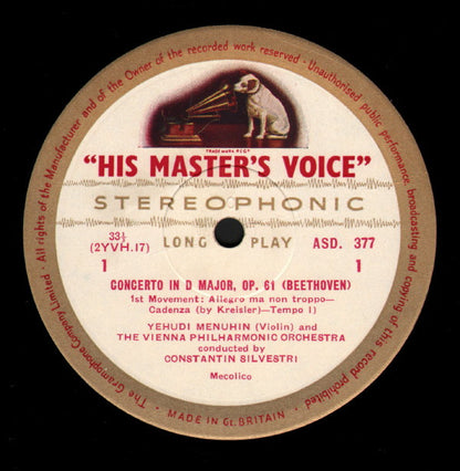 Beethoven* : Yehudi Menuhin with The Vienna Philharmonic Orchestra* conducted by Constantin Silvestri : Violin Concerto In D Major, Op.61 (LP, Fir)