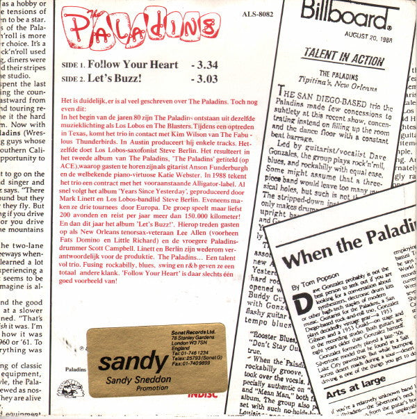 The Paladins : Follow Your Heart (7", Single)