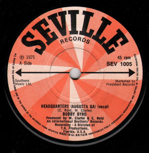 Bobby Byrd : Headquarters (Augusta Ga) (7", Single)