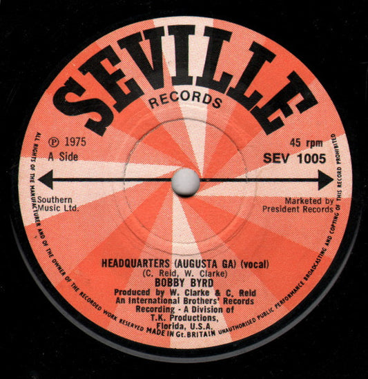 Bobby Byrd : Headquarters (Augusta Ga) (7", Single)