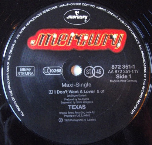 Texas : I Don't Want A Lover (Full Version) (12", Maxi)