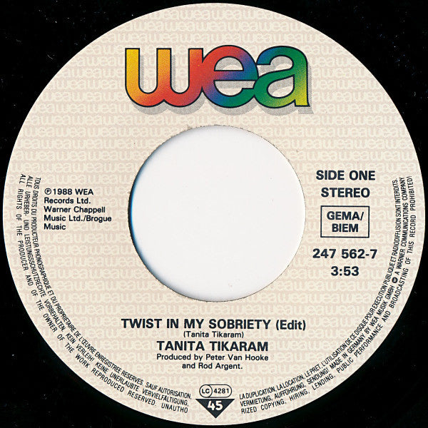 Tanita Tikaram : Twist In My Sobriety (7", Single)