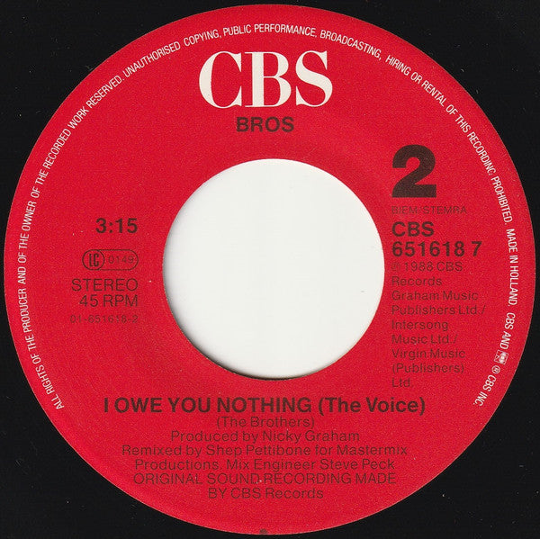 Bros : I Owe You Nothing (7", Single)