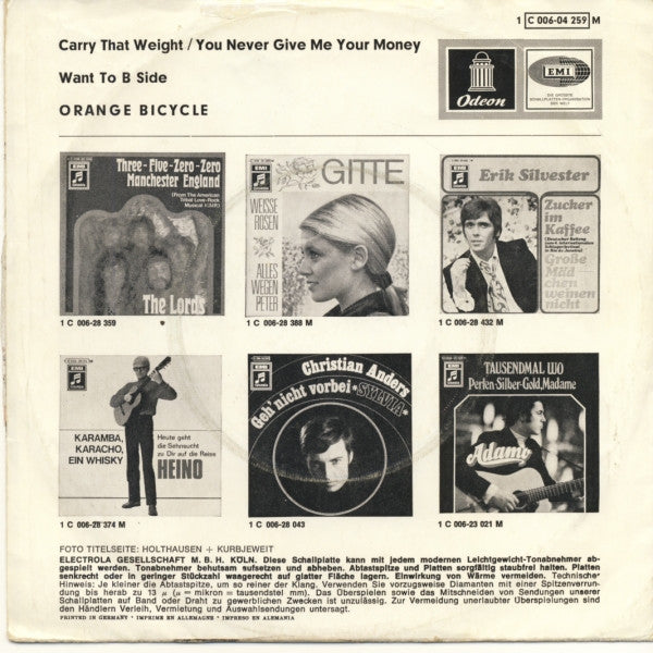 Orange Bicycle : Carry That Weight You Never Give Me Your Money (7", Single, Mono)