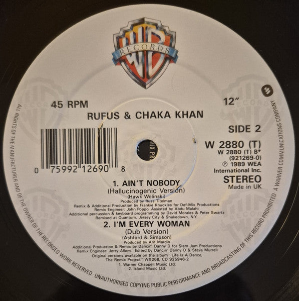 Rufus & Chaka Khan : Ain't Nobody (Remix Version) (12", Dam)