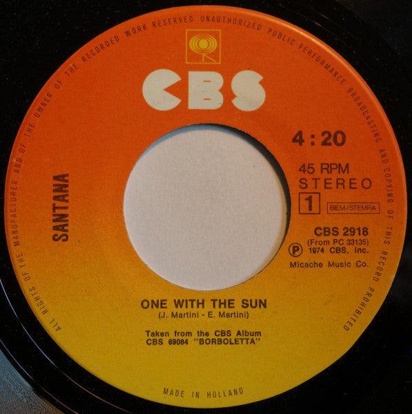 Santana : One With The Sun (7", Single)