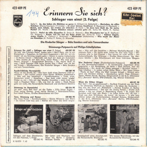 Die Rixdorfer Sänger - Orchester Béla Sanders : Erinnern Sie Sich! Schlager Von Einst - Die Zweite Folge (7", Mono)