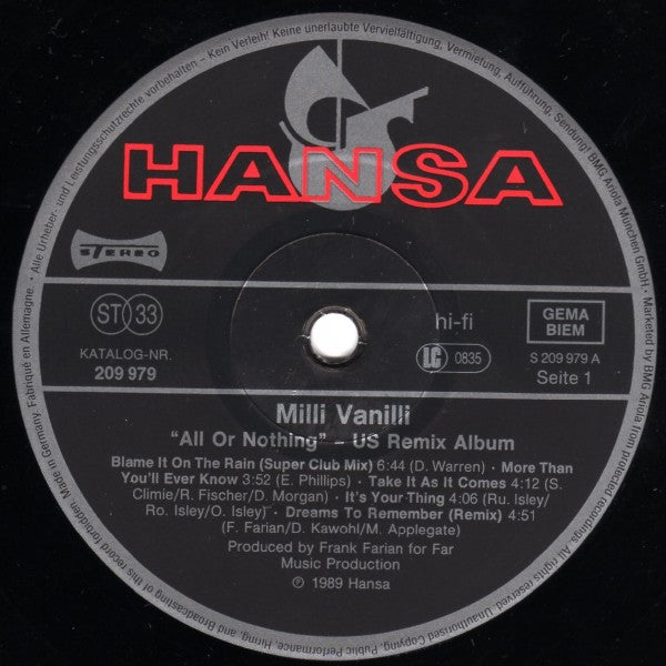 Milli Vanilli : All Or Nothing - The U.S.-Remix Album (LP, Album, Gat)
