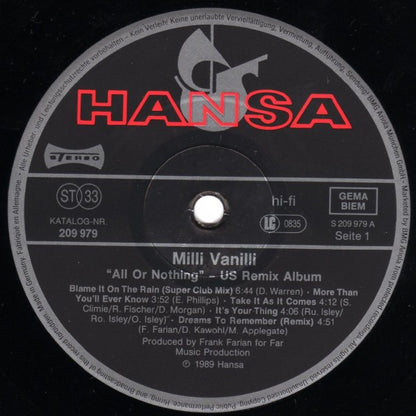 Milli Vanilli : All Or Nothing - The U.S.-Remix Album (LP, Album, Gat)