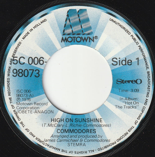 Commodores : High On Sunshine (7", Single)