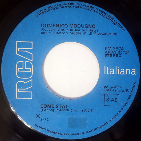 Domenico Modugno : Come Stai / Questa È La Facciata B (7")