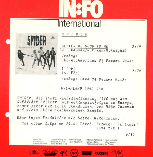Spider (12) : Better Be Good To Me (7", Single)
