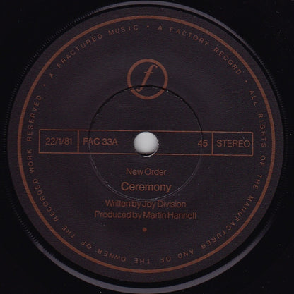 New Order : Ceremony (7", Single, Dam)