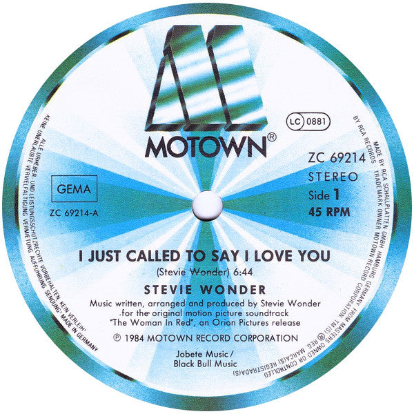 Stevie Wonder : I Just Called To Say I Love You (12", Maxi, Ext)