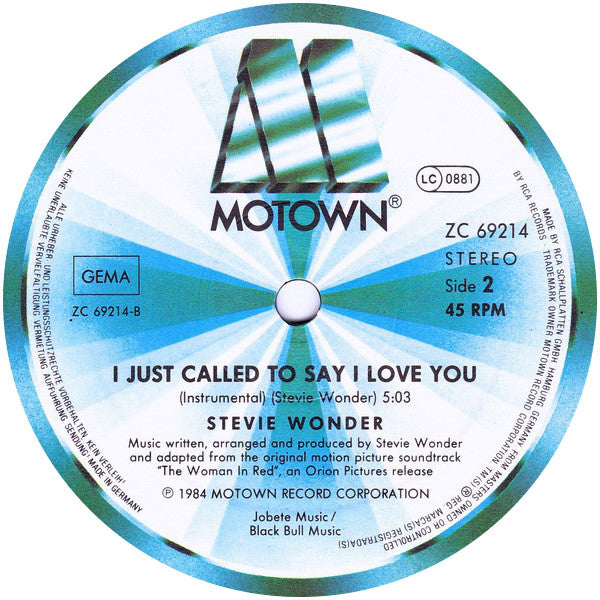 Stevie Wonder : I Just Called To Say I Love You (12", Maxi, Ext)