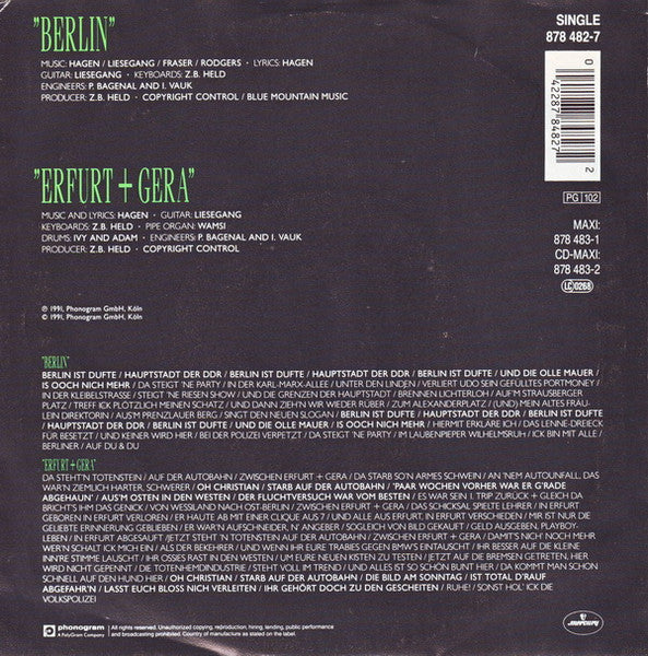 Nina Hagen : Berlin / Erfurt + Gera (7", Single)