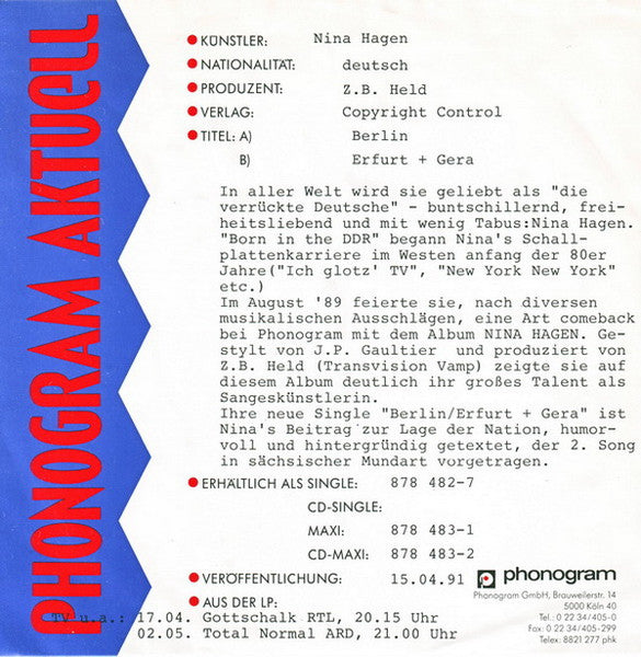 Nina Hagen : Berlin / Erfurt + Gera (7", Single)