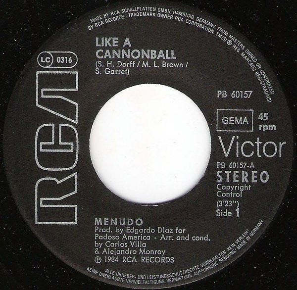 Menudo : Like A Cannonball (7", Single)