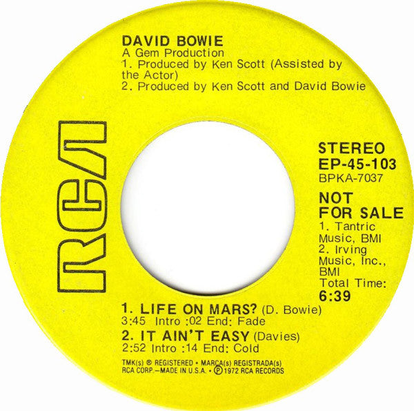 David Bowie : Space Oddity, Moonage Daydream, Life On Mars?, It Ain't Easy (7", EP, Promo)