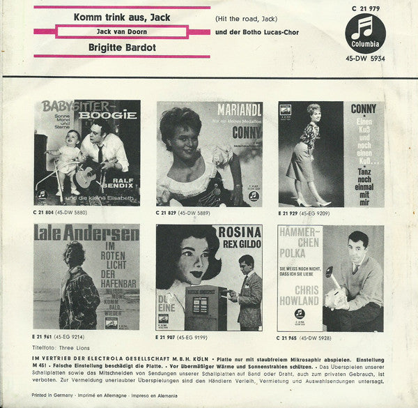 Jack Van Doorn und Der Botho Lucas-Chor* : Komm Trink Aus, Jack / Brigitte Bardot (7", Single)