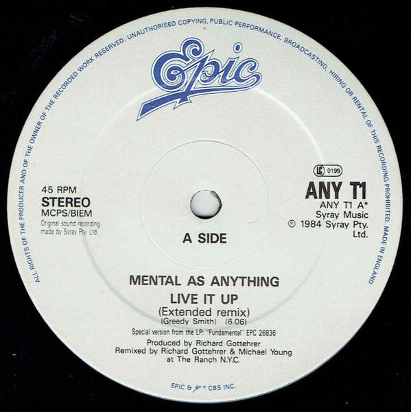 Mental As Anything : Live It Up (12", Single, RP)