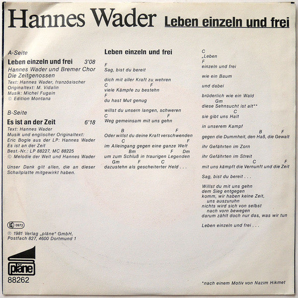 Hannes Wader Und Bremer Chor Die Zeitgenossen : Leben Einzeln Und Frei (7", Single)
