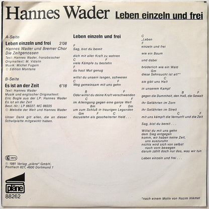 Hannes Wader Und Bremer Chor Die Zeitgenossen : Leben Einzeln Und Frei (7", Single)