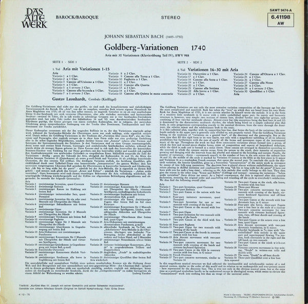 Johann Sebastian Bach - Gustav Leonhardt : Goldberg-Variationen (1740) (LP, RE)