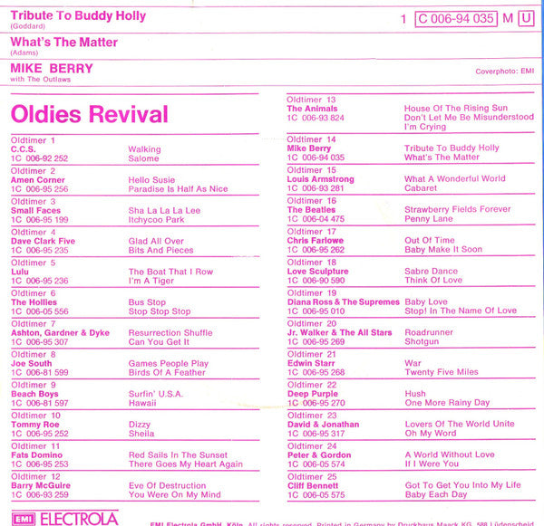 Mike Berry With The Outlaws (3) : Tribute To Buddy Holly (7", Single, Mono, RE)