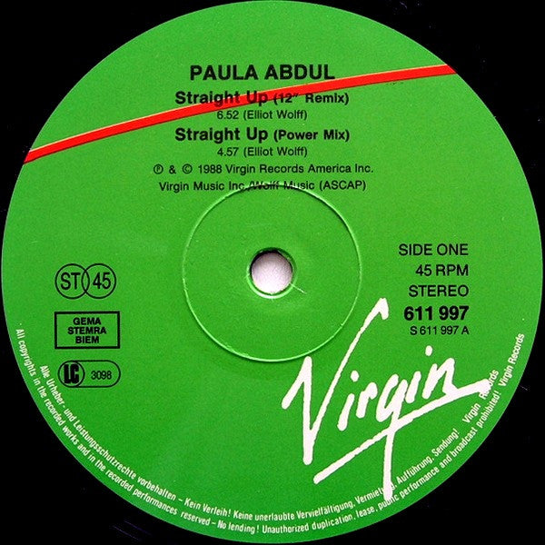 Paula Abdul : Straight Up (12", Single, Gre)