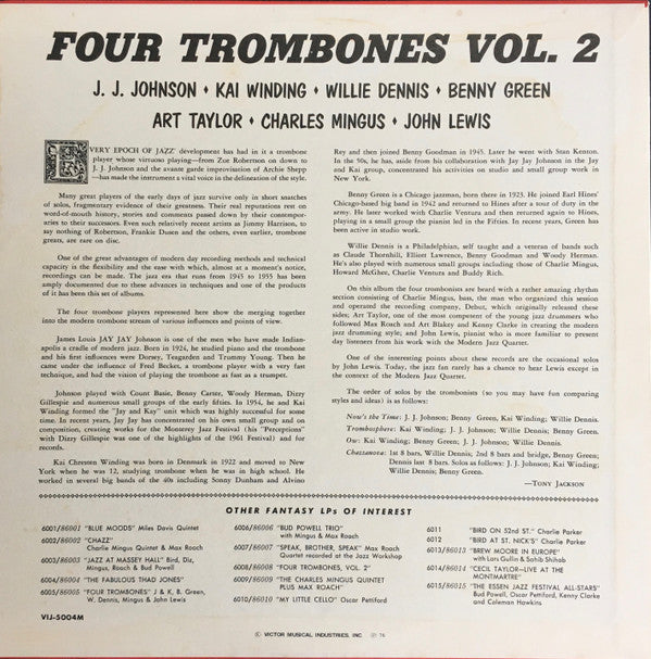 Four Trombones* - John Lewis (2) / Charlie Mingus* / J.J. Johnson / Kai Winding / Benny Green* / Willie Dennis : Four Trombones, Volume 2 (LP, Album, Mono, Ltd, RE)