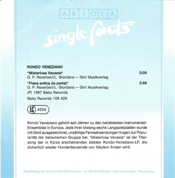 Rondò Veneziano : Misteriosa Venezia / Fiaba Antica (1a Parte) (7", Single, Promo)