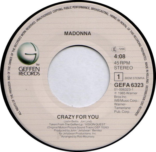 Madonna : Crazy For You (7", Single)