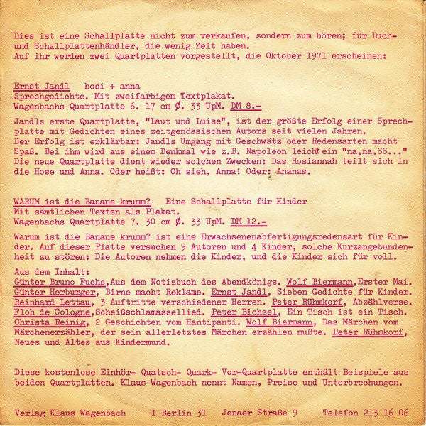 Various : Wagenbachs Vor-Quarkplatte 1971 (7", Promo)
