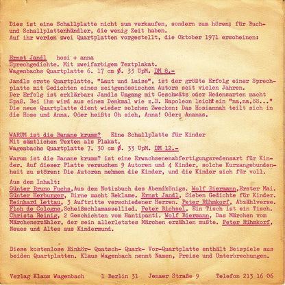 Various : Wagenbachs Vor-Quarkplatte 1971 (7", Promo)