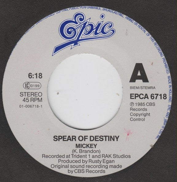 Spear Of Destiny : Mickey  /  Up All Night (7", Single)