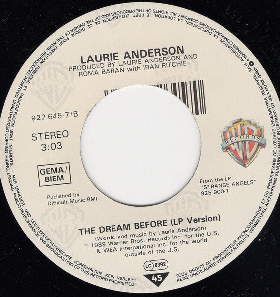 Laurie Anderson : Strange Angels (7", Single)