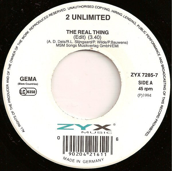 2 Unlimited : The Real Thing (7", Single)