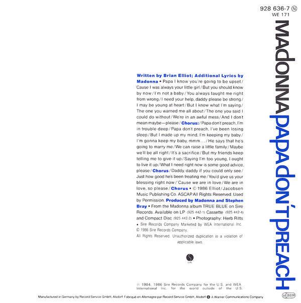 Madonna : Papa Don't Preach (7", Single, JK )